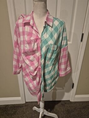 Ms Bling's Pink & Aqua Buffalo Check Button-Up Shirt
